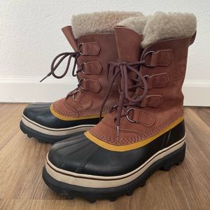 Sorel Caribou Snow Boots Black Tan Faux Fur 7.5 8